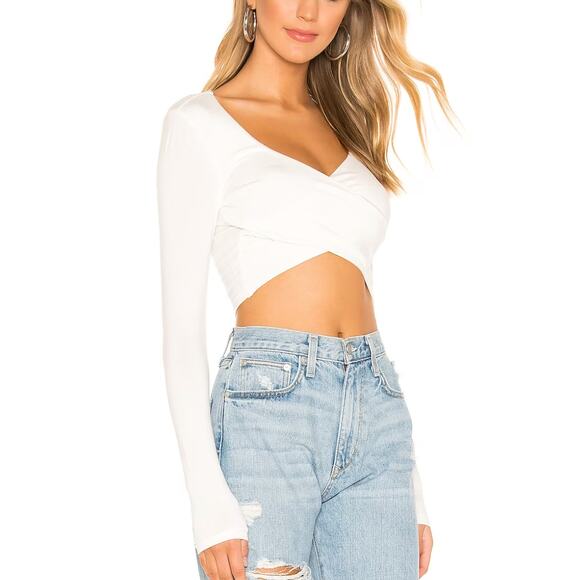 Superdown White Wrap Crop Top XL Cotton Long Sleeve Plunging Matilda Revolve NEW - Picture 3 of 8